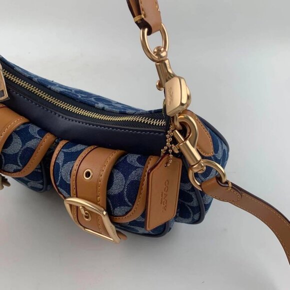 Coach Denim Blue and Tan Buckle Shoulder Bag - Picture 8 of 9